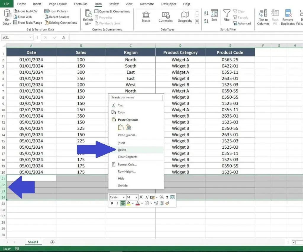 ۶ روش حذف ردیف خالی در اکسل؛ حذف دستی و F4 تا Go To Special و Power Query و VBA